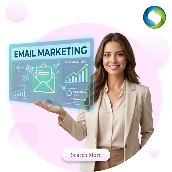 Floating Graphic of Email Marketing with a Professional Woman Holding It Up